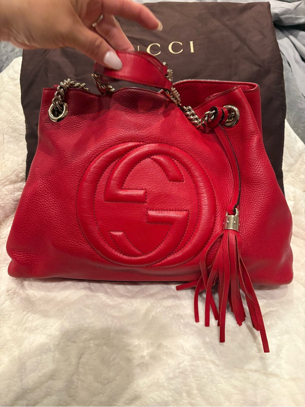 Gucci Red Pebbled Leather Shoulder Bag with Tassel+Chain Straps authentic GUCCI - Picture 3 of 7